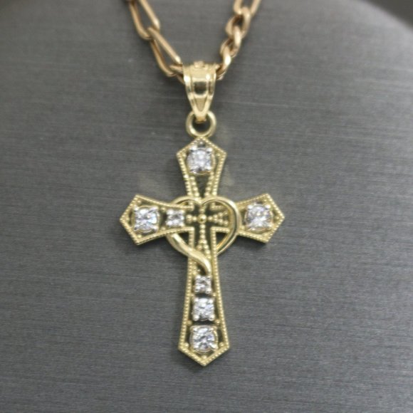 14kt Yellow Gold White Sapphire Heart Cross Pendant with 14kt Solid Figaro Chain